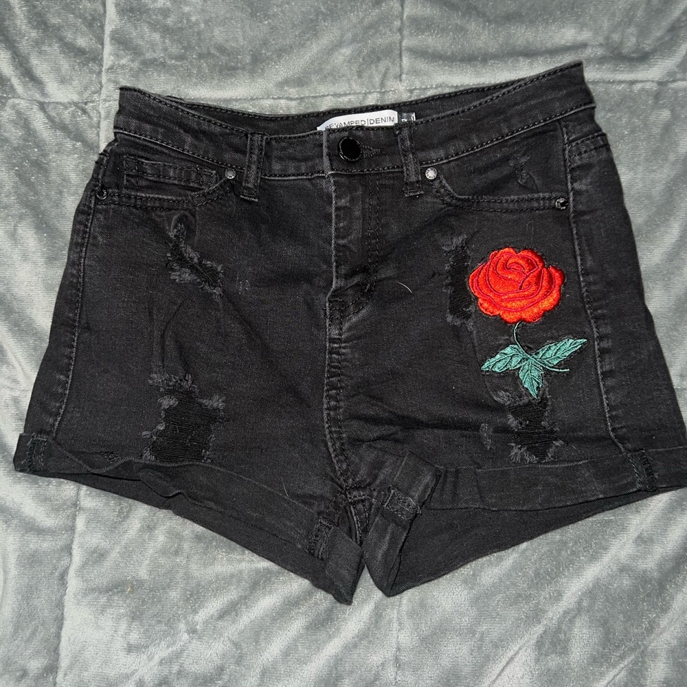 Revamped Black Jean Shorts with Red Rose Embroidery
